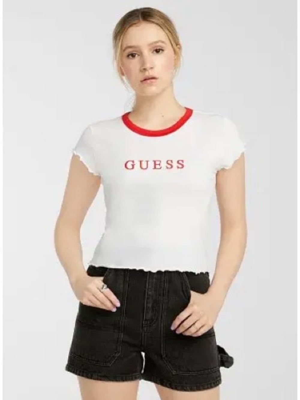 Y2K GUESS White Crop Tee with Red Logo and Ringer